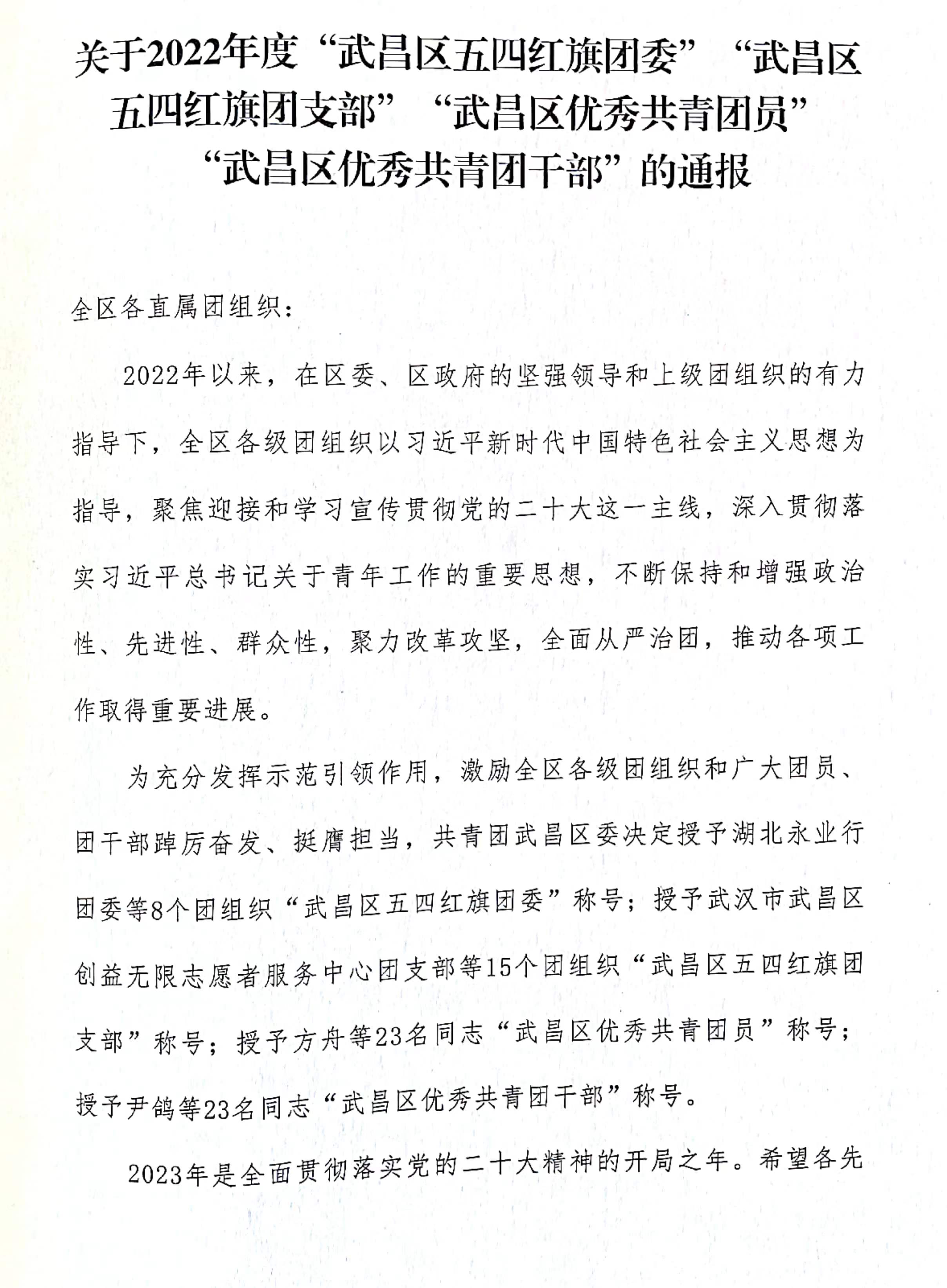 喜报！团武昌区委表彰beat365四个先进集体和个人！